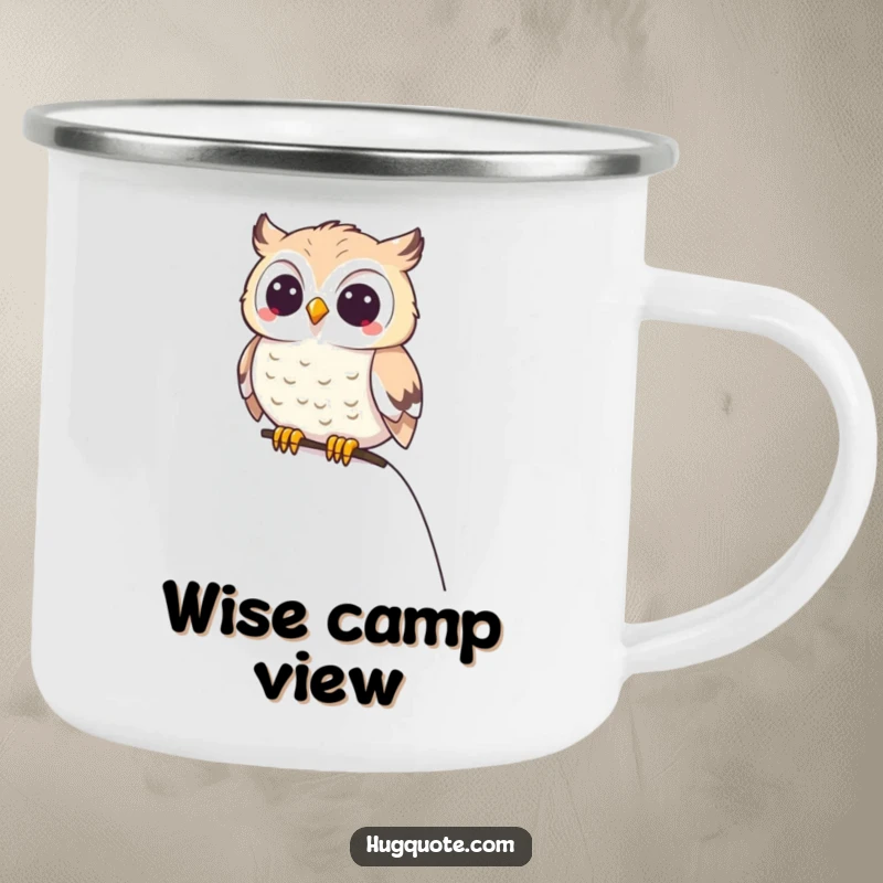 Funny small owl character happily perched on a shoulder on this durable camping mug for outdoor enjoyment.