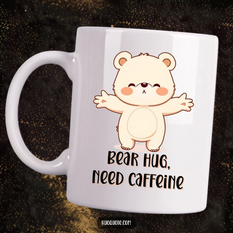 Funny mug with a fluffy bear character extending its arms wide for a big, loving hug, conveying warmth and affection.