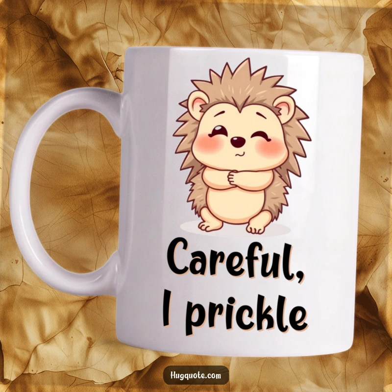Funny Hedgehog Hug Mug featuring a cute hedgehog offering a gentle, cautious hug, expressing shy affection and warmth.