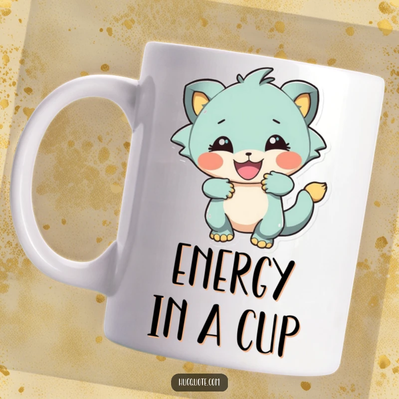 Funny mug showing a creature mid-embrace, full of playful energy and a joyful spirit, ready to share warmth.