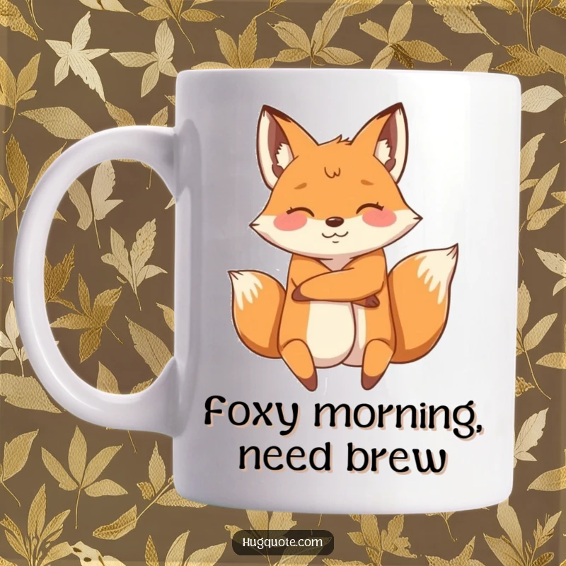 Funny mug with an energetic fox character enthusiastically wrapping its arms around another figure, showing playful affection.