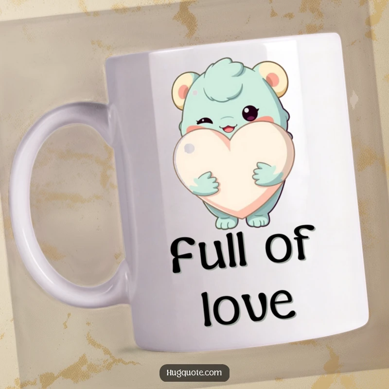 Funny mug featuring a creature tenderly holding a large, soft heart, radiating love and affection.
