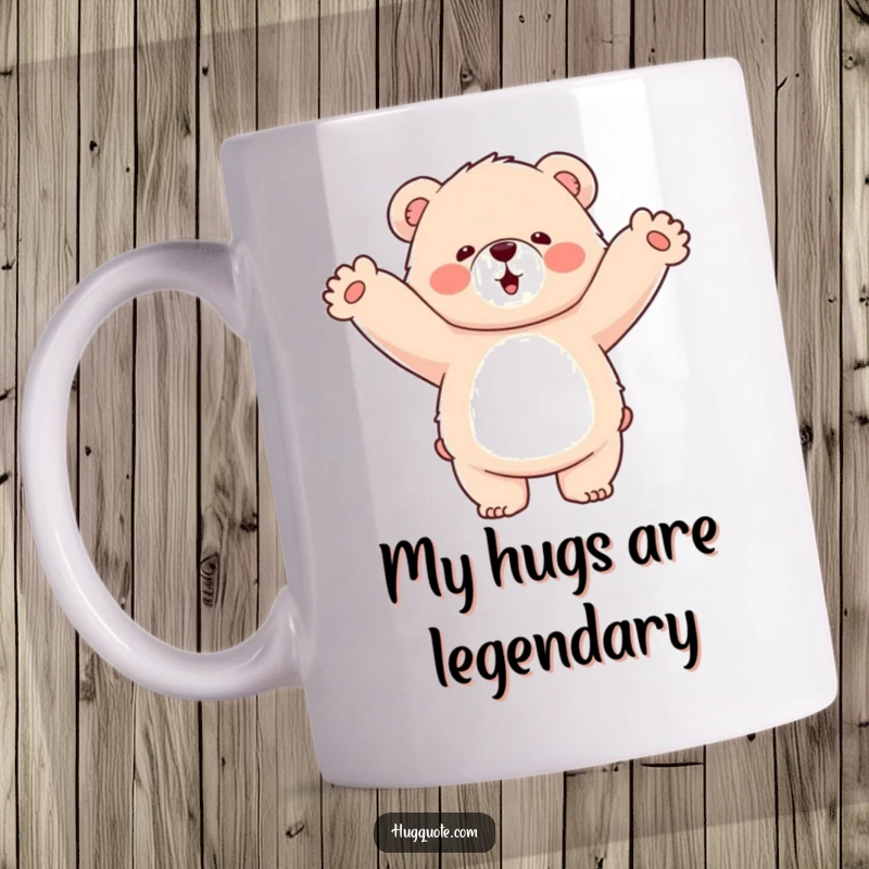 Funny mug with a fluffy bear character joyfully hugging empty air, showcasing its enthusiastic and loving personality.
