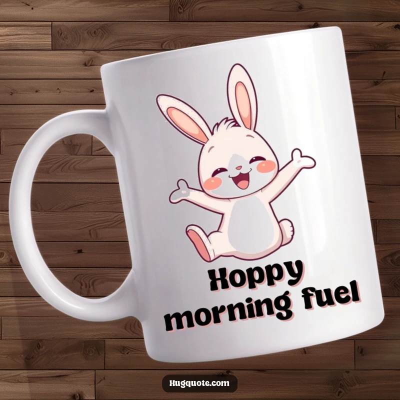 Funny mug featuring a cute bunny character joyfully leaping into an embrace, conveying pure happiness and excitement.