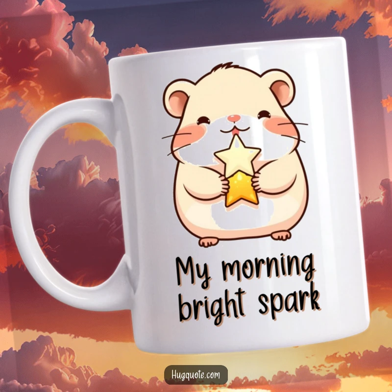 Funny cheerful hamster character adorably hugging a small shining star on a mug, radiating warmth and happiness.
