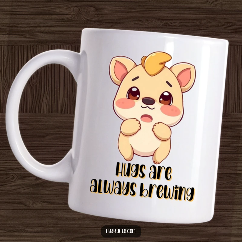 Funny mug featuring a curious and excited creature leaning forward, arms open, ready to give a warm, loving hug.