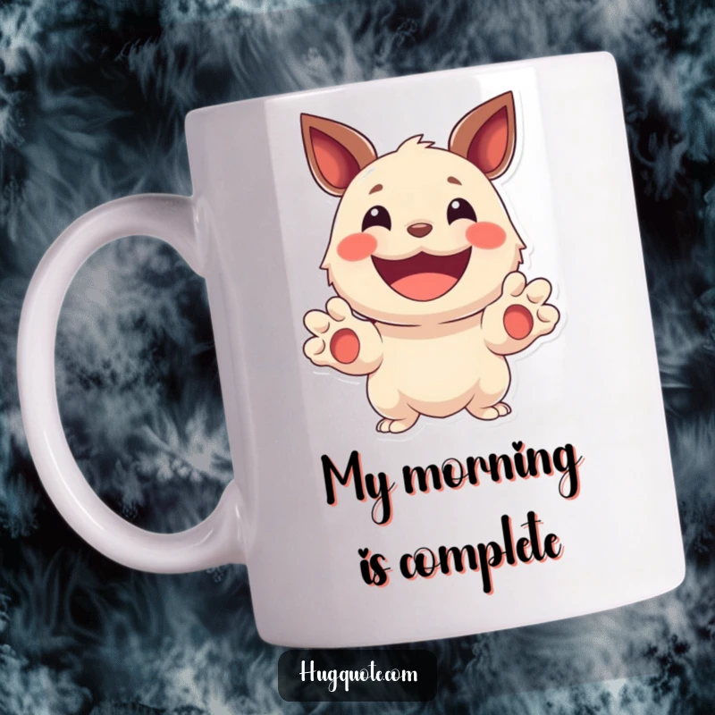 Funny mug featuring a cute creature with a big, beaming smile, holding out its paws in a welcoming gesture, radiating pure joy.