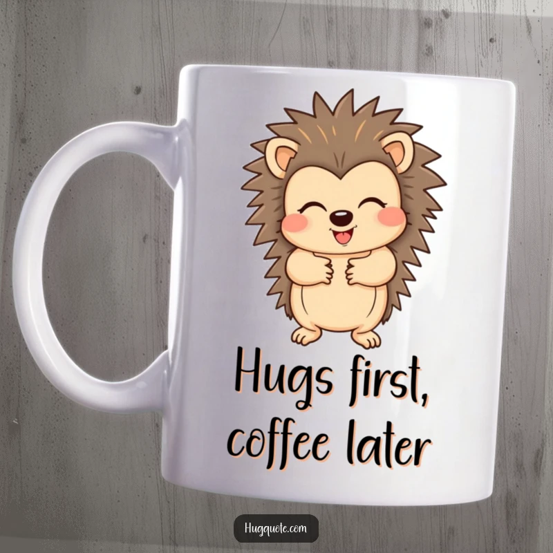 Funny mug featuring a cheerful hedgehog character offering a warm hug with fully extended paws, radiating kindness and humor.