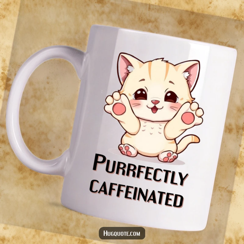 Funny mug featuring a playful kitten character reaching out with its paws, inviting a warm and happy hug.