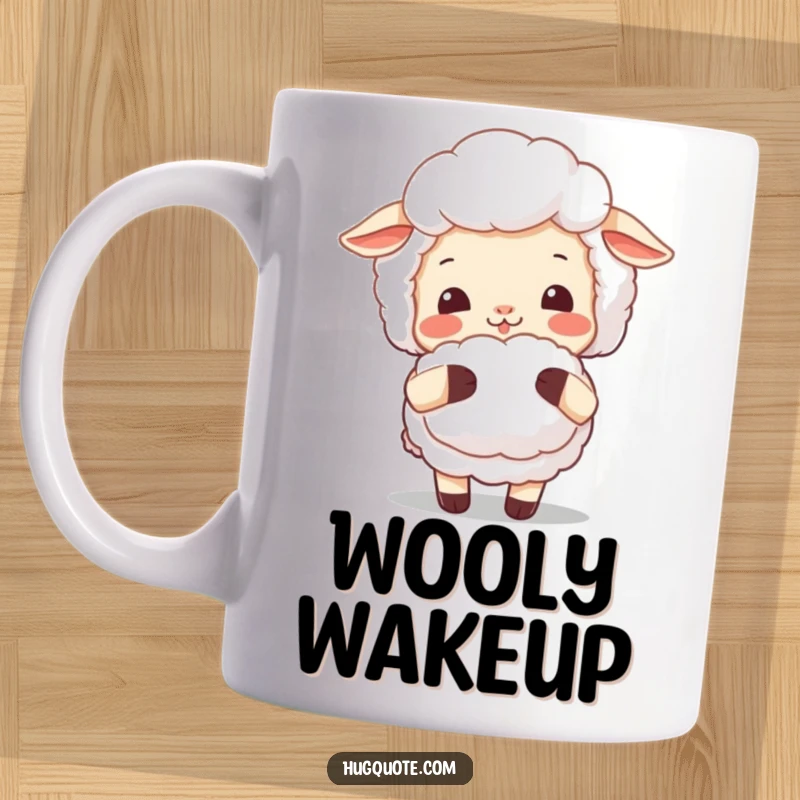 Funny sheep hug mug with a smiling character offering a soft, fluffy hug, conveying warmth and cheerful affection.