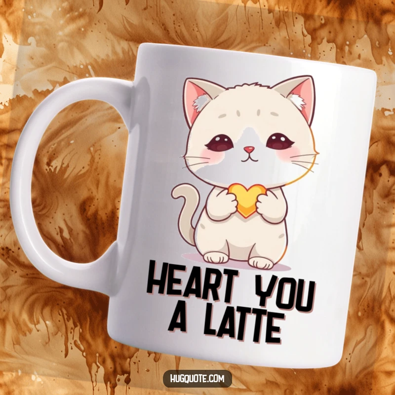 Funny mug with a shy cat character gently offering a tiny, glowing heart with one paw, radiating quiet affection and cuteness.