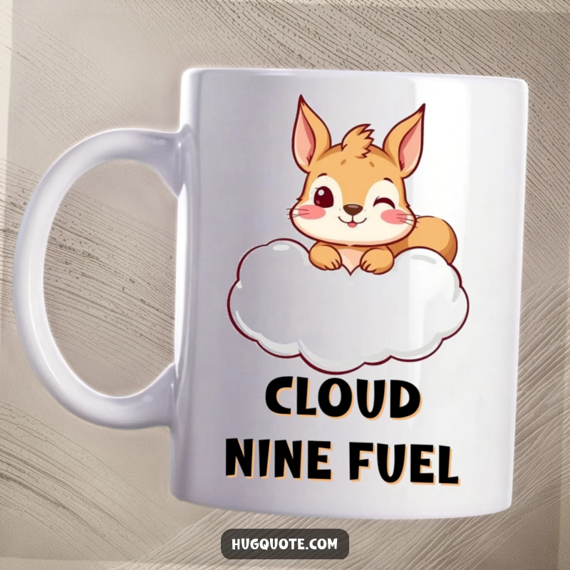 Funny squirrel mug featuring a curious character peeking from behind a hug-shaped cloud, offering a unique and heartwarming design.