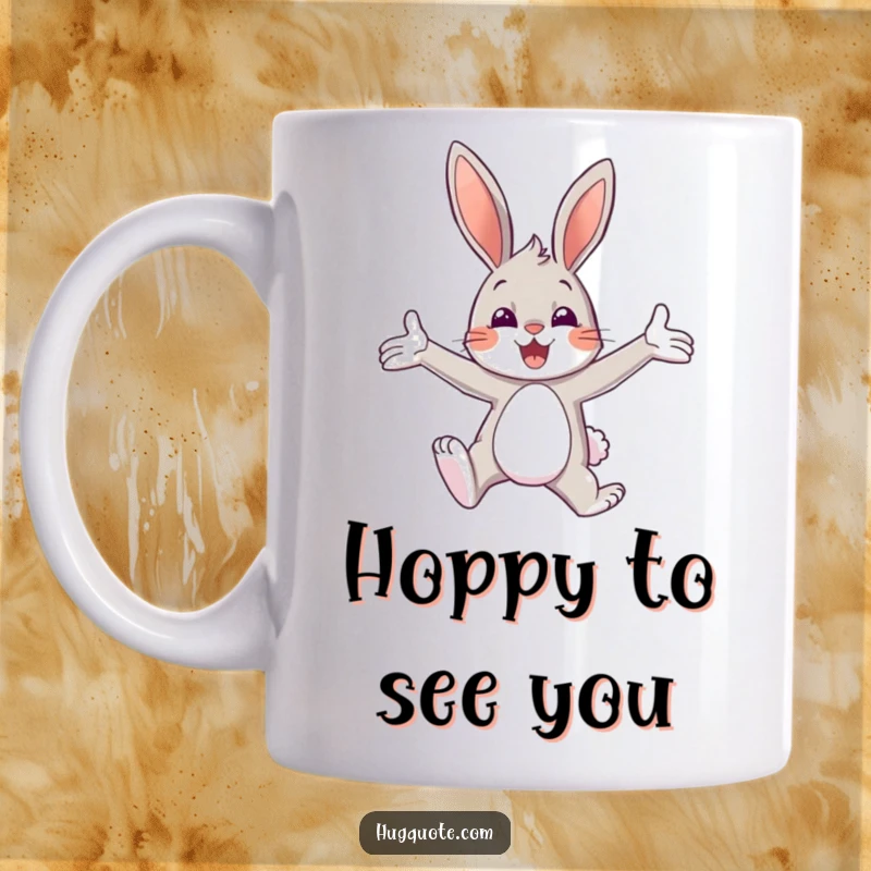 Funny mug featuring a bunny character leaping with open arms into a cheerful, welcoming embrace.