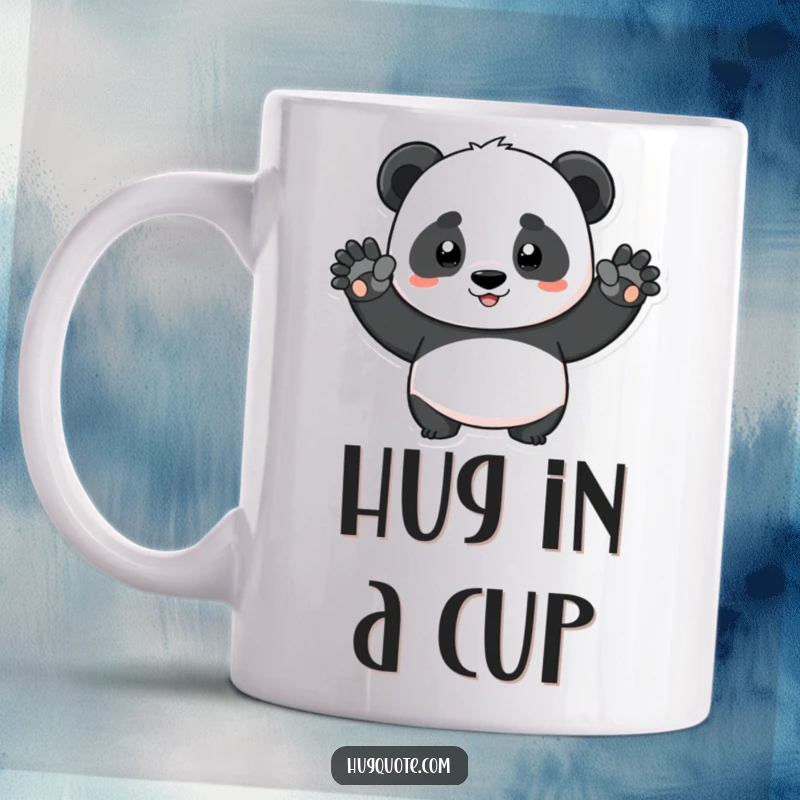 Funny determined panda character stretching arms wide for a big squeeze on a mug, conveying warmth and playful intention.