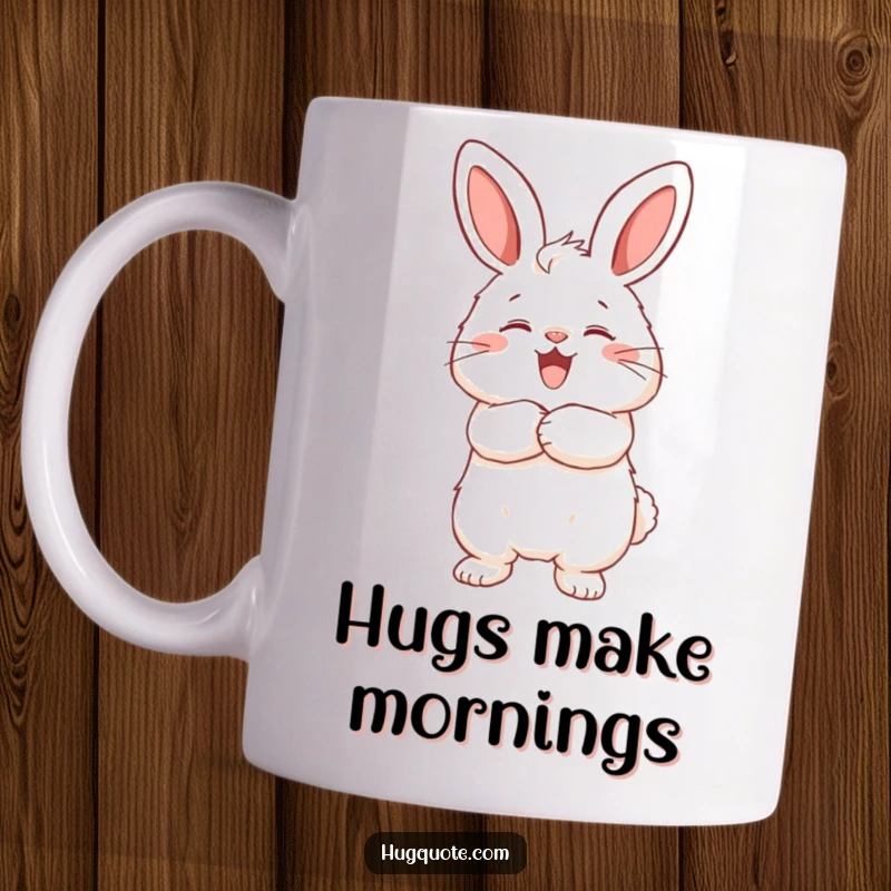 Funny mug with a fluffy bunny character joyfully wrapping its arms around an unseen friend, conveying warmth and affection.