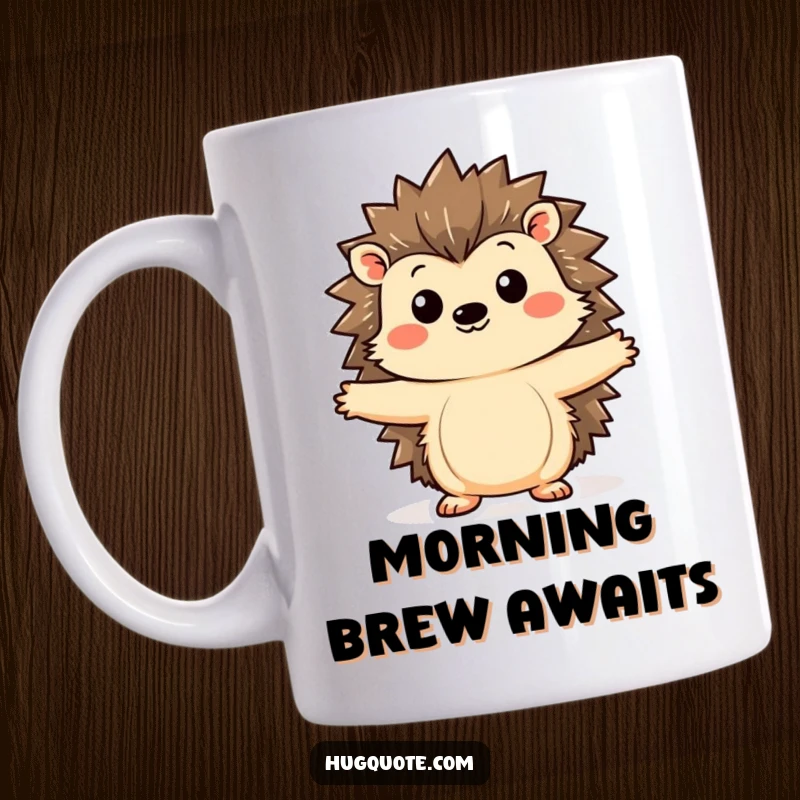 Funny hedgehog mug showing a cute kawaii hedgehog curiously extending its spiky arms, invitingly offering a gentle and warm hug.