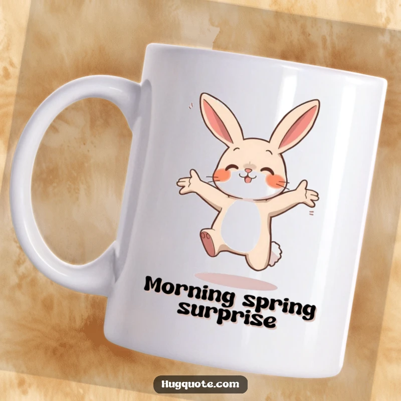 Funny mug featuring a small bunny character leaping with open arms towards an unseen friend, expressing pure excitement and joy.