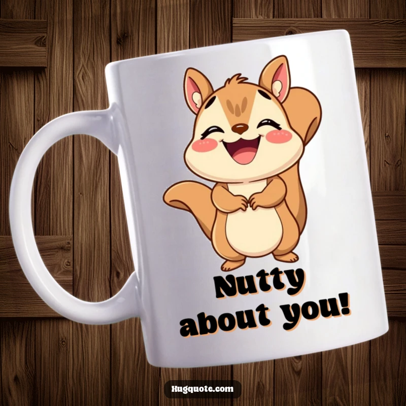 Funny Squirrel Hug Mug featuring a grinning squirrel delivering a quick, joyful embrace, radiating happiness and energy.