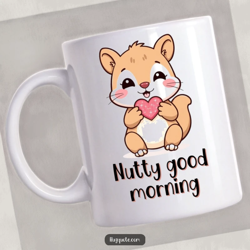 Funny mug with a cheerful squirrel character presenting a small, sparkly heart with both paws, showcasing affection.