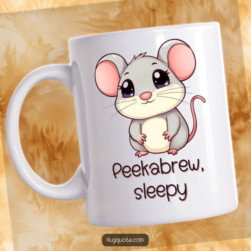 Funny mouse mug showing a kawaii mouse with large, expressive eyes peeking out, invitingly seeking a warm and affectionate hug.
