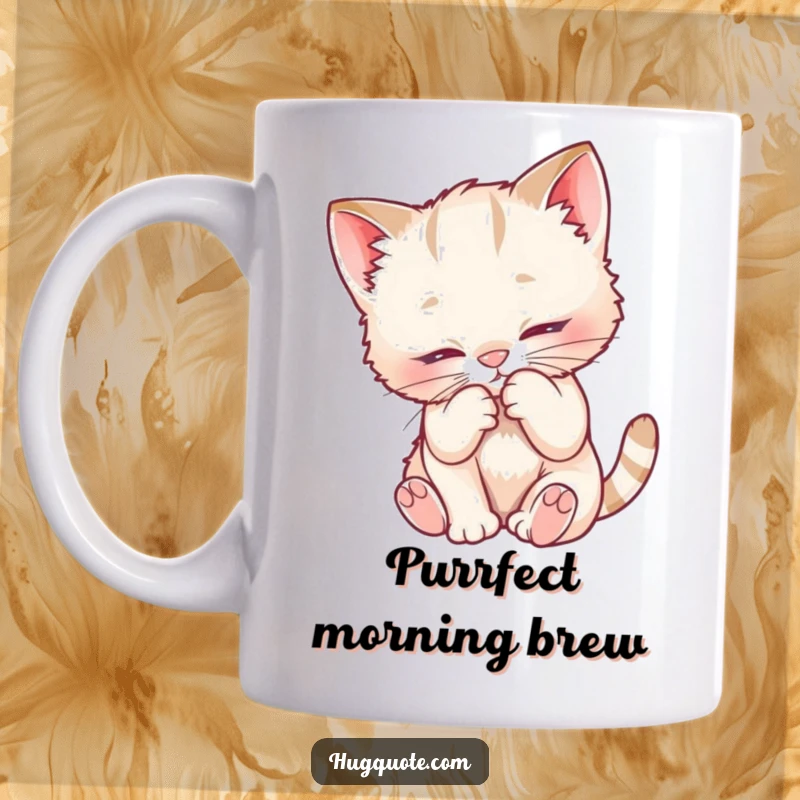 Funny mug with a playful kitten character nuzzling contentedly into a soft, fuzzy chest, expressing comfort and affection.