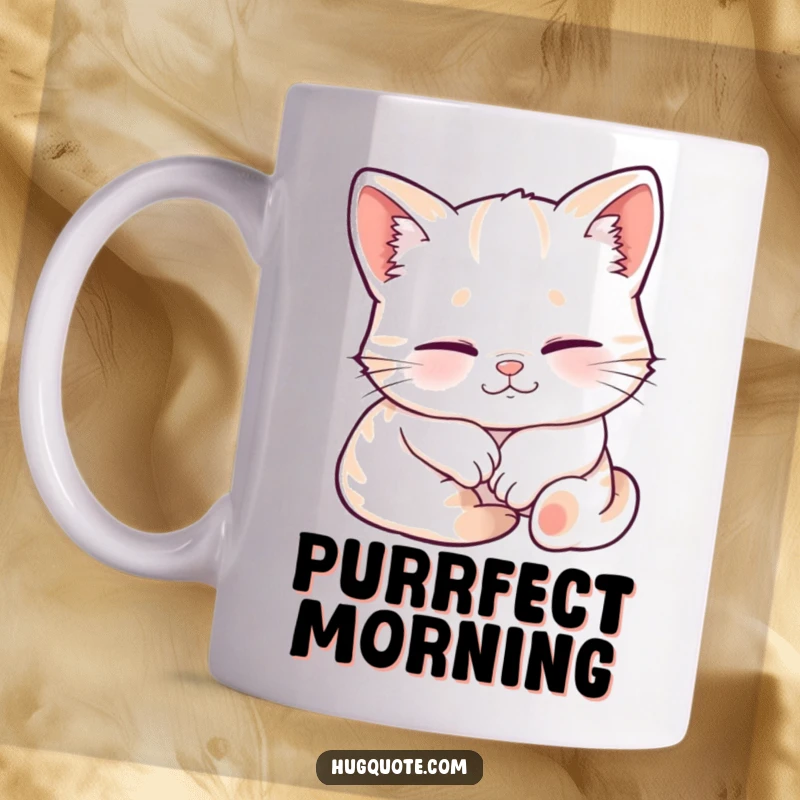 Funny mug with a sleepy kitten character smiling contentedly while being lovingly embraced, capturing pure comfort and peace.