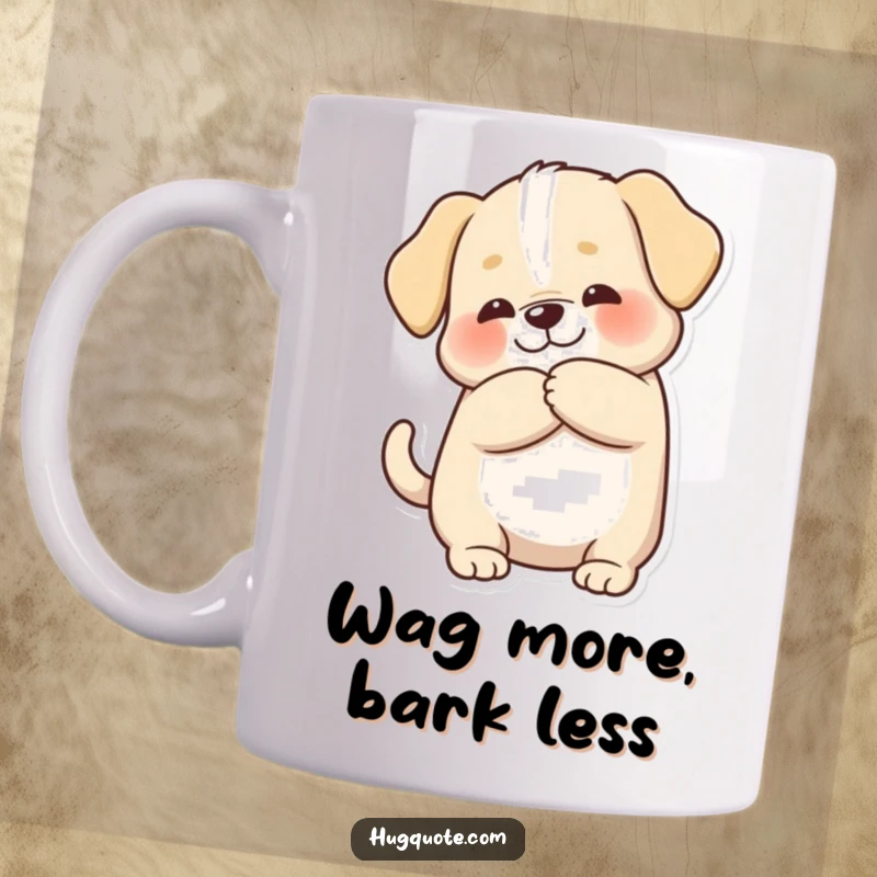 Funny mug with a chubby puppy character wagging its tail enthusiastically during a warm, loving hug, conveying pure delight.