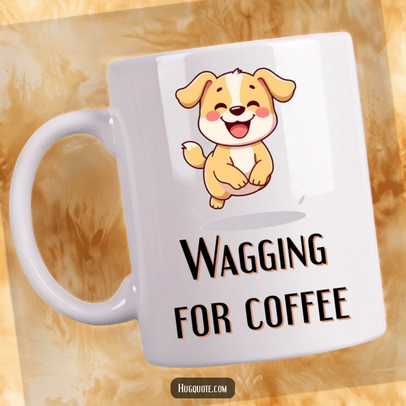 Funny mug featuring a happy dog character wagging its tail enthusiastically while attempting a small, joyful jump, full of energy.
