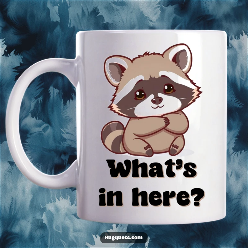 Funny Raccoon Hug Mug featuring a curious raccoon peeking from behind a hug, embodying playful mischief and intrigue.
