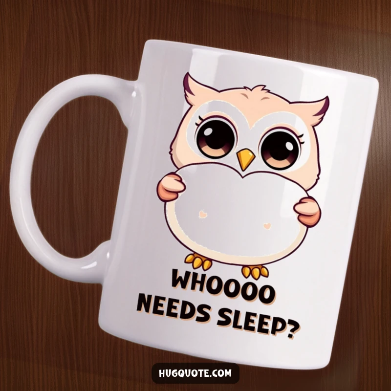Funny mug featuring a happy owl character with wide, surprised eyes, presenting a large, fluffy pillow with a heart symbol.