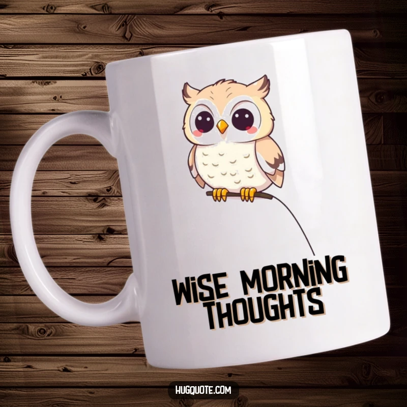 Funny small owl character perched happily on a shoulder, looking content, on a ceramic mug.