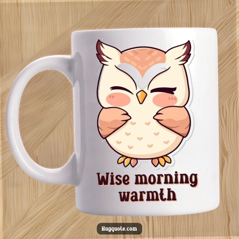Funny owl mug showing a cute kawaii owl winking playfully while offering a gentle, heartfelt hug, radiating warmth and kindness.