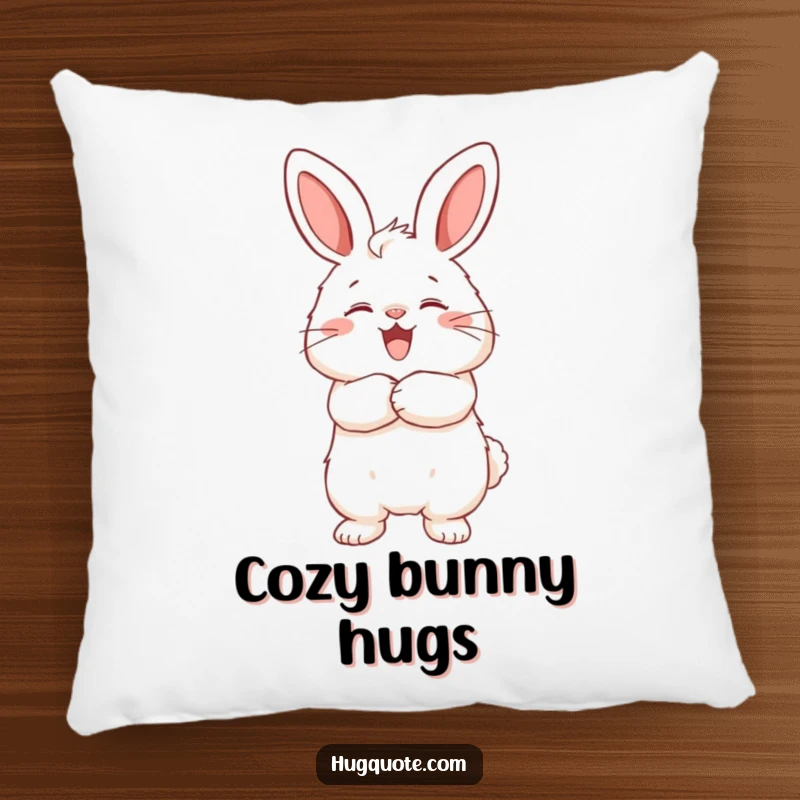 Funny throw pillow with a fluffy bunny character joyfully wrapping its arms around an unseen friend, offering comfort and cuteness.