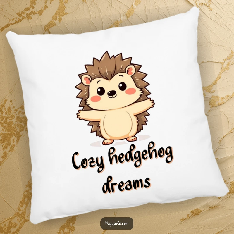Funny hedgehog pillow with a kawaii hedgehog curiously extending its arms for a hug, providing soft comfort and a touch of cute, humorous charm.