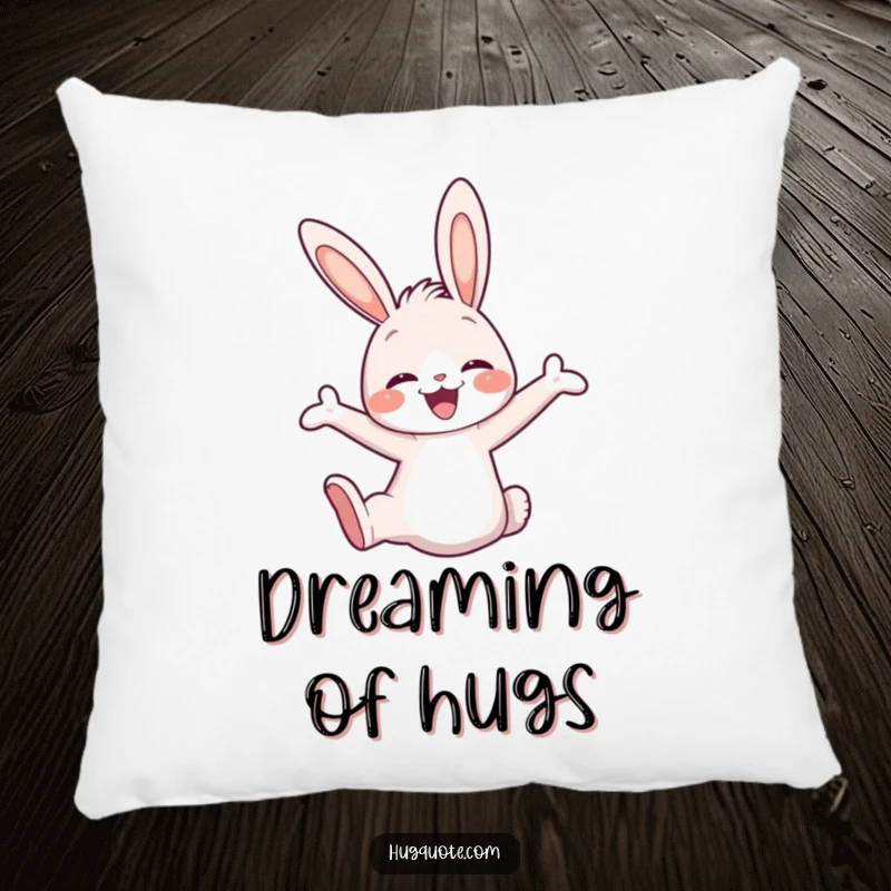 Funny pillow with a cute bunny character joyfully leaping into an embrace, designed for maximum comfort and cheerful vibes.