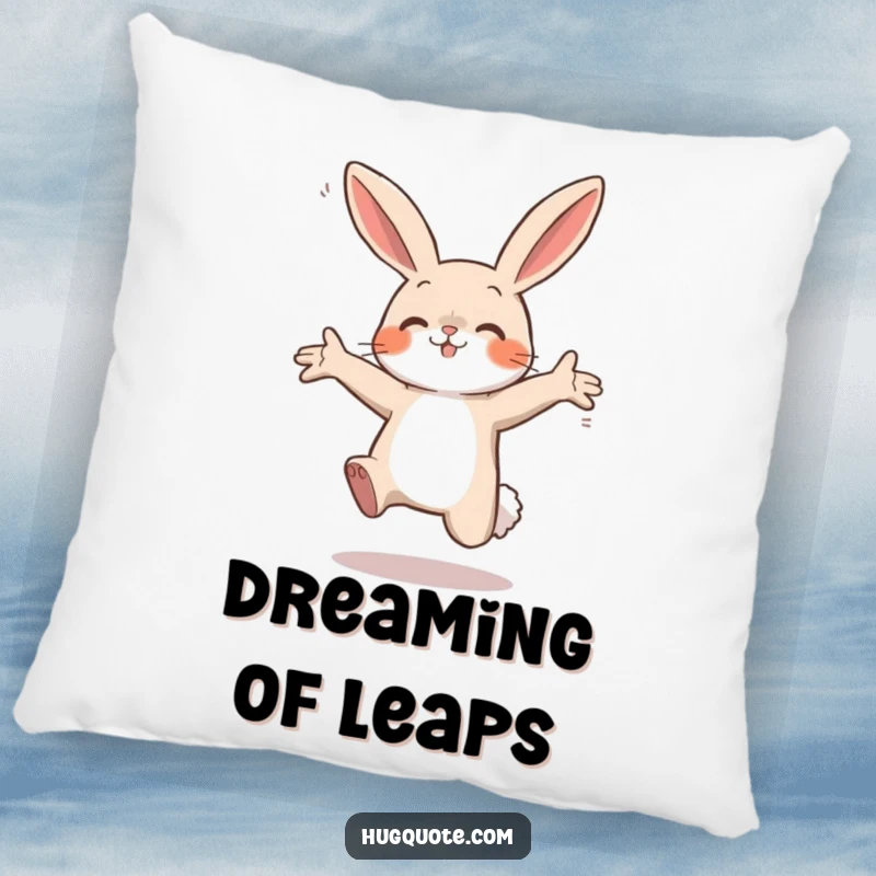 Funny pillow with a small bunny character leaping with open arms, ready for a hug, perfect for cozy and cheerful decor.