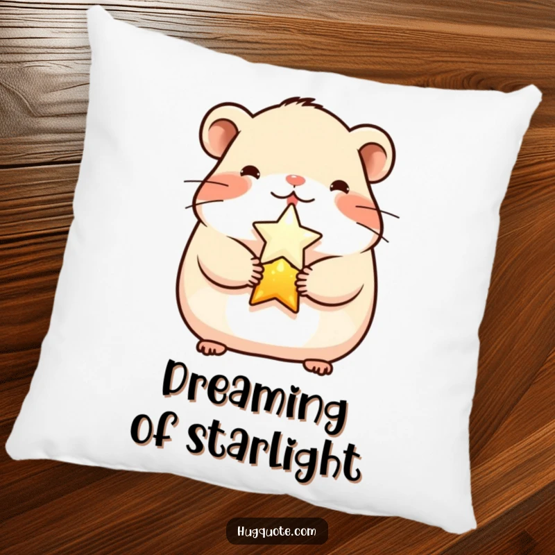 Funny cheerful hamster character hugging a shining star on a soft pillow, offering cozy comfort and adorable humor.