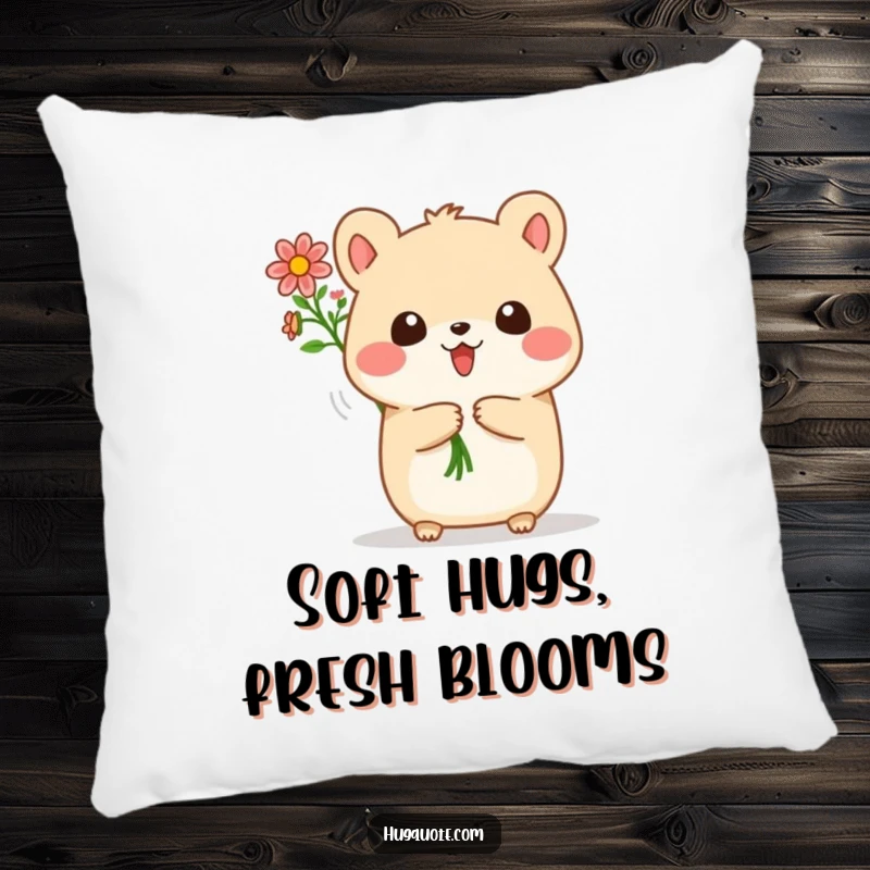 Funny pillow with a small, round animal character joyfully presenting a charming bouquet of tiny flowers, adding comfort and smiles.