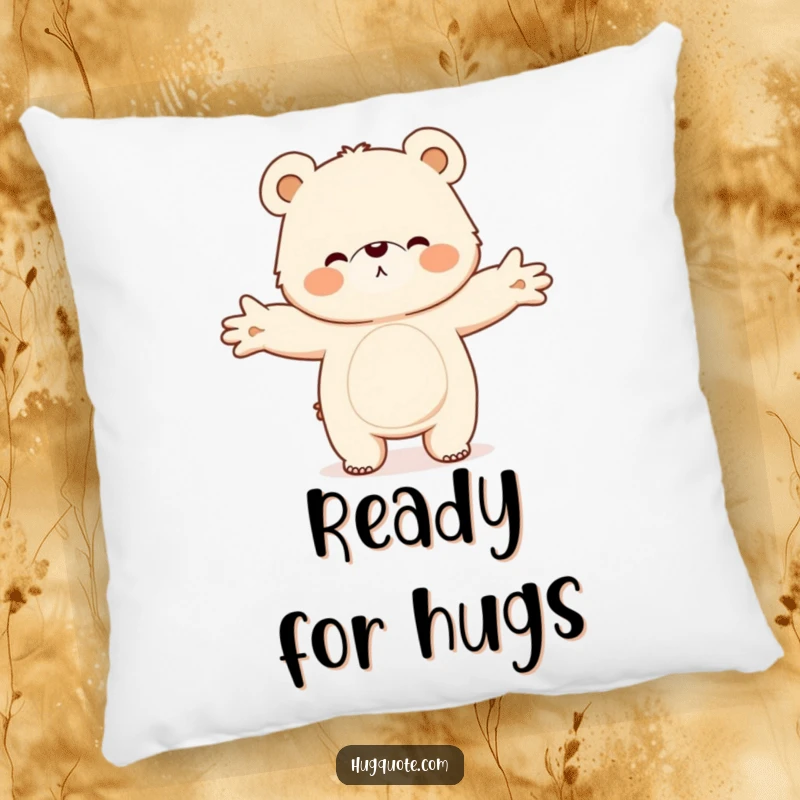 Funny pillow with a fluffy bear character opening its arms wide for a big, comforting hug, designed for maximum snuggle appeal.