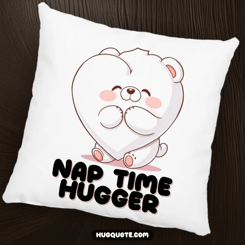 Funny pillow showing a fluffy bear character joyfully hugging a huge marshmallow heart, offering comfort and humor.