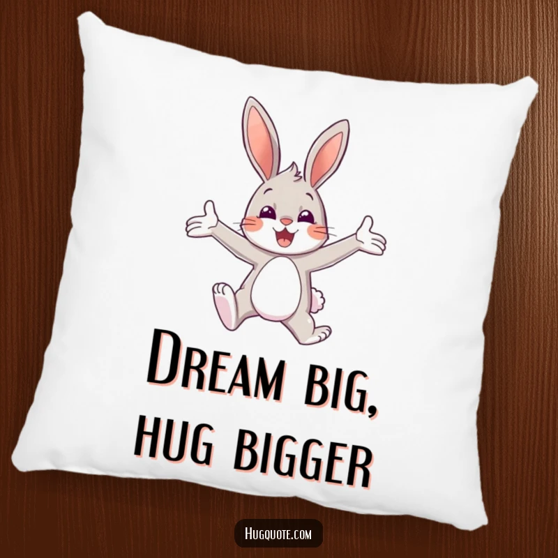 Funny pillow showing a bunny character leaping with open arms, offering a soft, cheerful embrace.