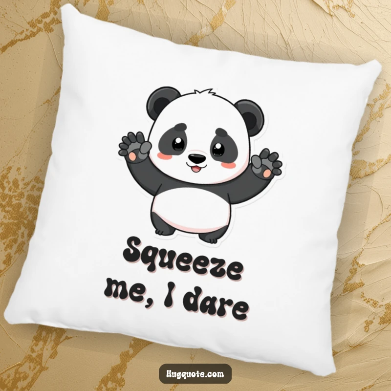 Funny determined panda character stretching arms for a big squeeze on a soft pillow, offering cozy comfort and humor.