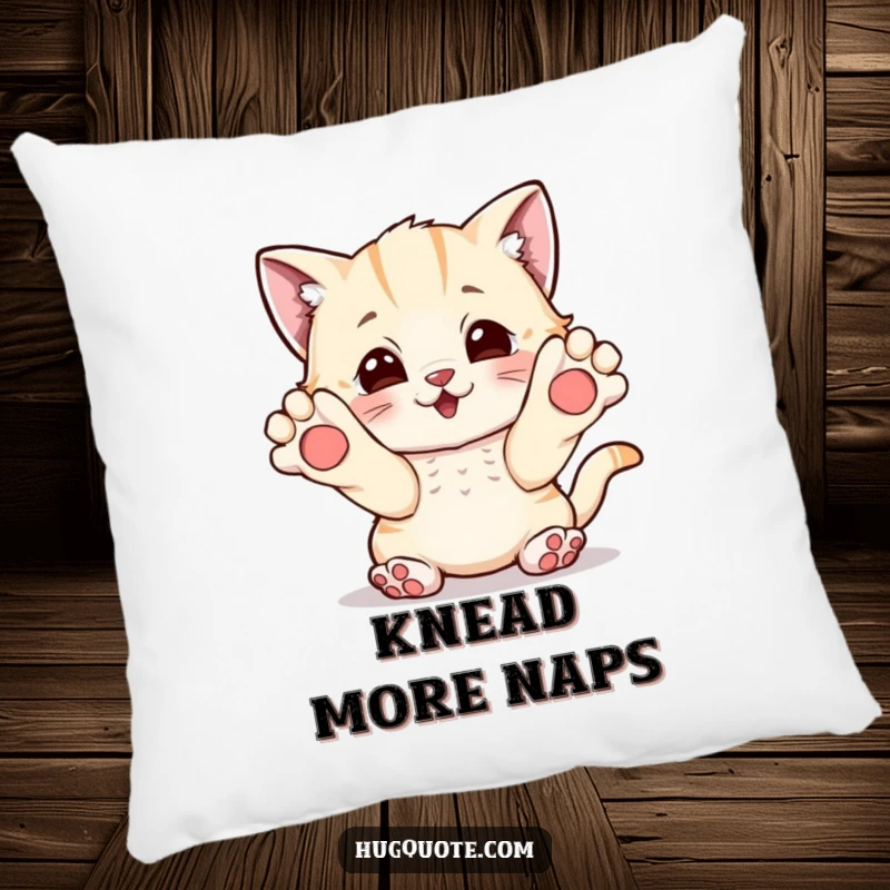 Funny pillow showing a playful kitten character reaching out with paws, inviting a cozy and loving hug.