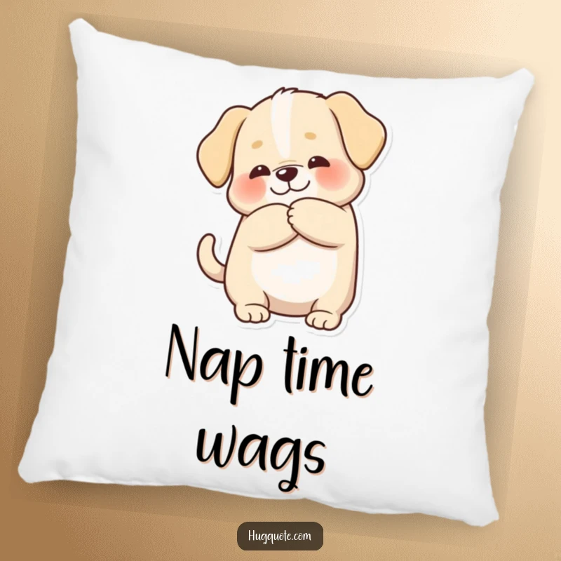Funny pillow with a chubby puppy character wagging its tail happily during a hug, designed for maximum comfort and adorable appeal.