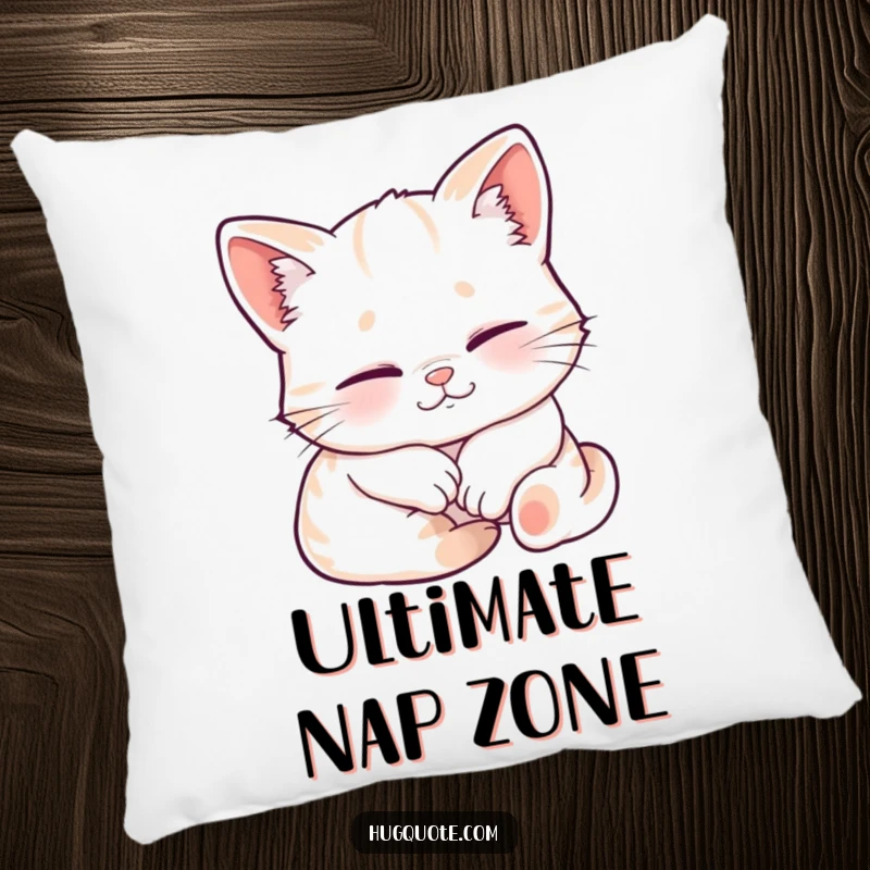 Funny throw pillow with a sleepy kitten character smiling contentedly while being embraced, offering ultimate comfort and adorable charm.