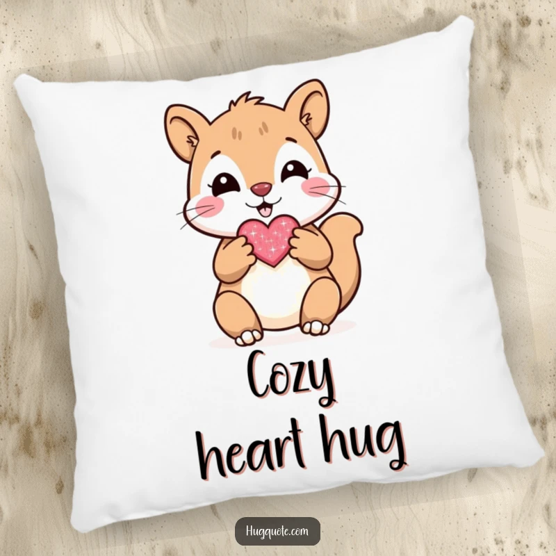 Funny decorative pillow with a cheerful squirrel character presenting a small, sparkly heart, adding cute charm.