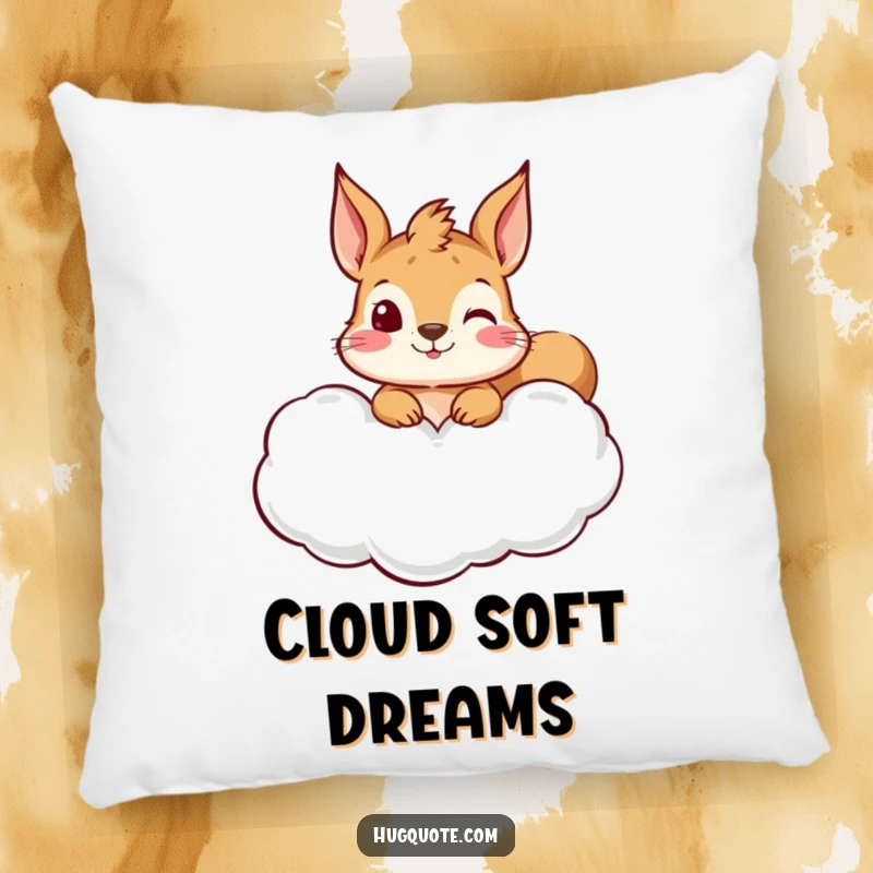 Funny squirrel pillow with a cute character peeking from a hug-shaped cloud, providing comfort and a touch of whimsical, curious charm.