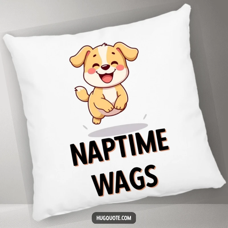 Funny pillow with a happy dog character wagging its tail and attempting a small jump, perfect for cozy and cheerful decor.