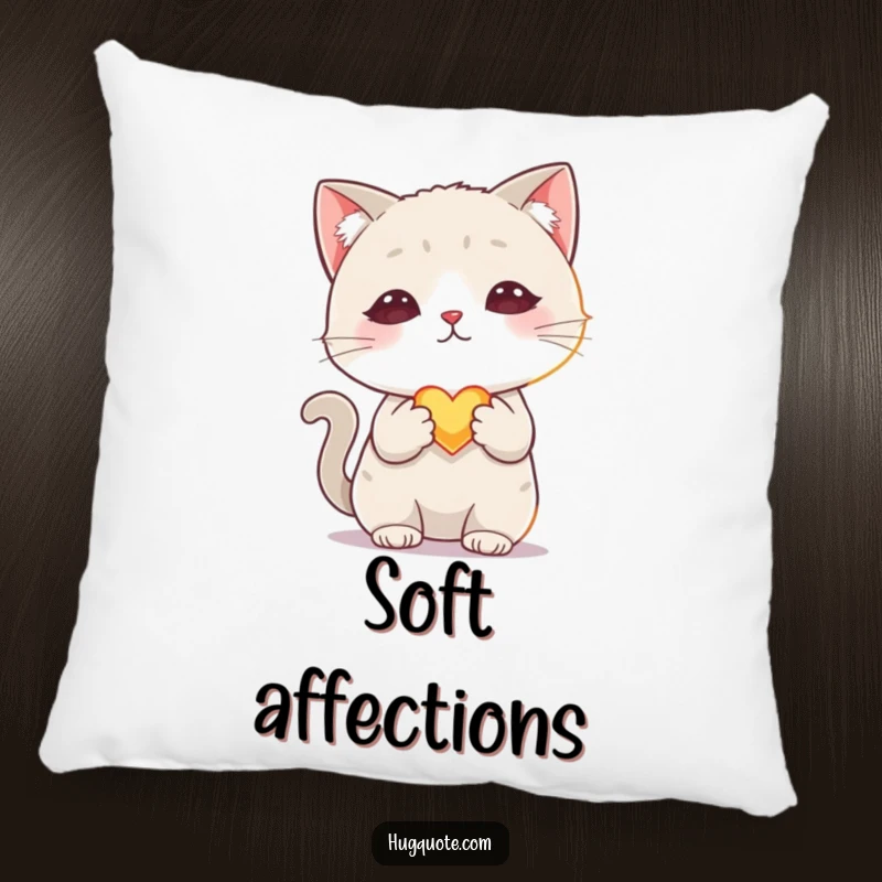 Funny pillow with a shy cat character offering a tiny, glowing heart, perfect for cozy decor and expressing gentle love.