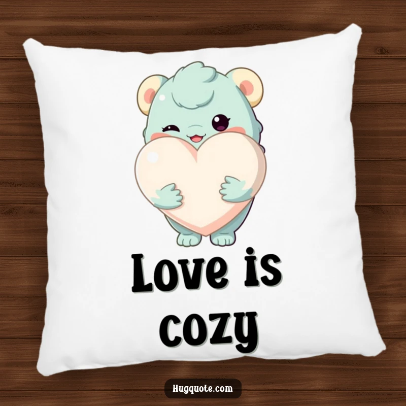 Funny pillow depicting a creature holding a large, soft heart, offering comfort and a symbol of abundant love.